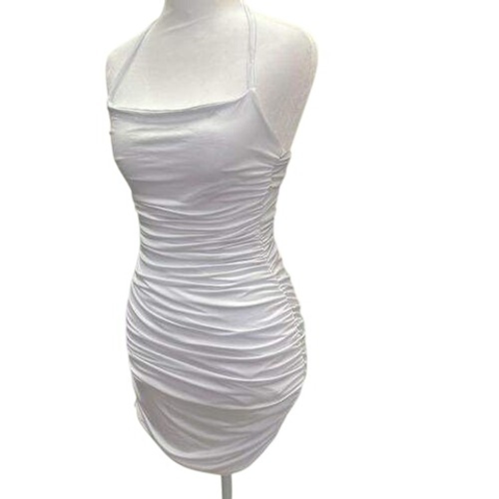 Shein White Ruched Halter Neck Bodycon Mini Dress Sleeveless Tie Back Size Small